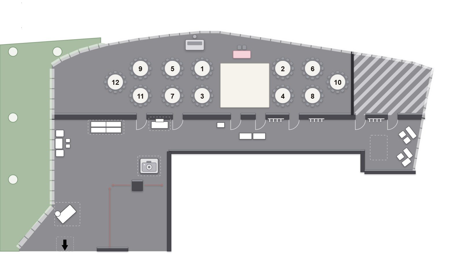 Banquet room floor plan showing numbered guest tables and marked areas for the terrace, bar, guest book, photo booth, welcome table, rest area, and kid's area